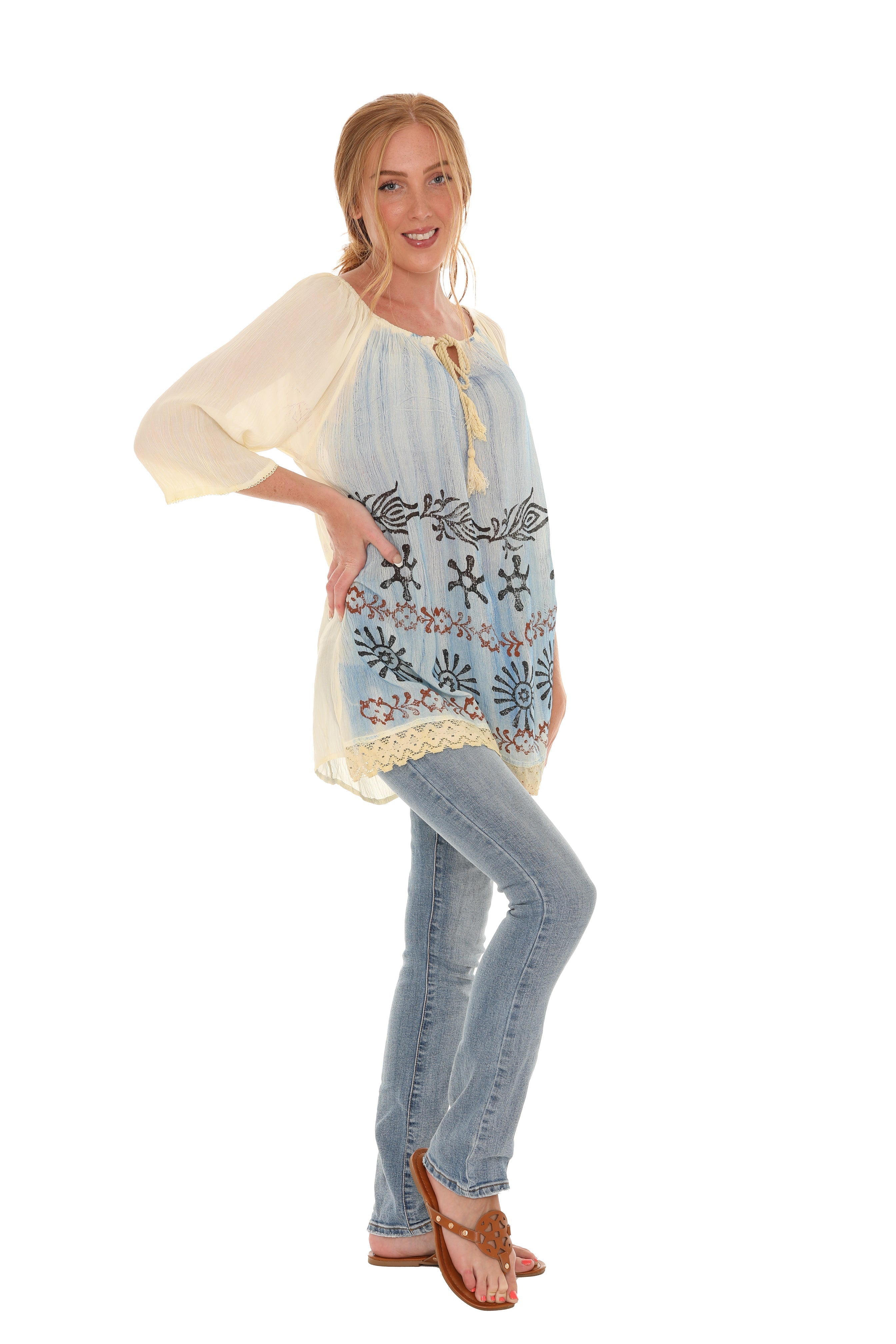 Tie-Dye Three-Quarters Sleeve Keyhole-Front Tunic - Shoreline Wear, Inc.