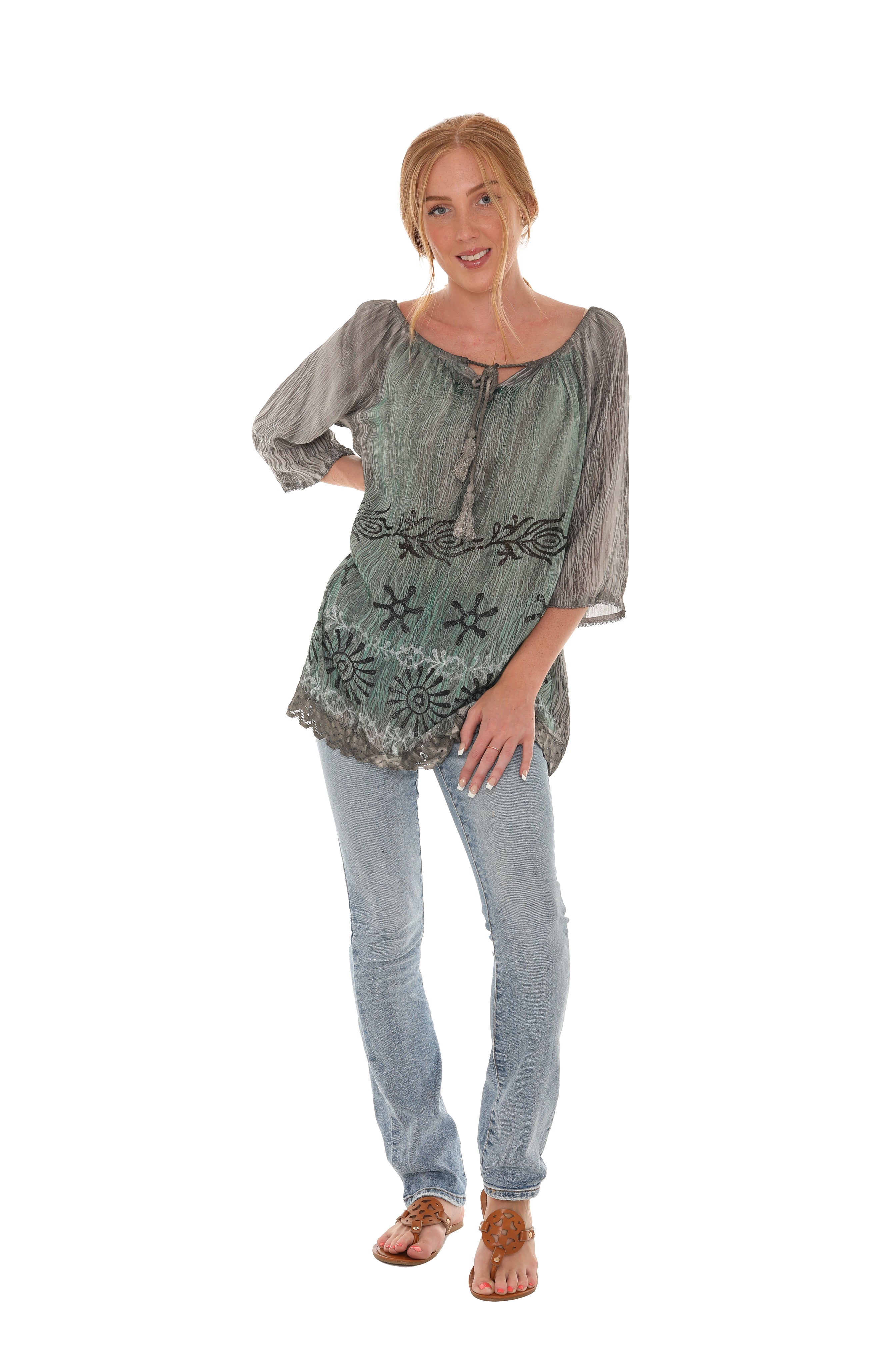 Tie-Dye Three-Quarters Sleeve Keyhole-Front Tunic - Shoreline Wear, Inc.