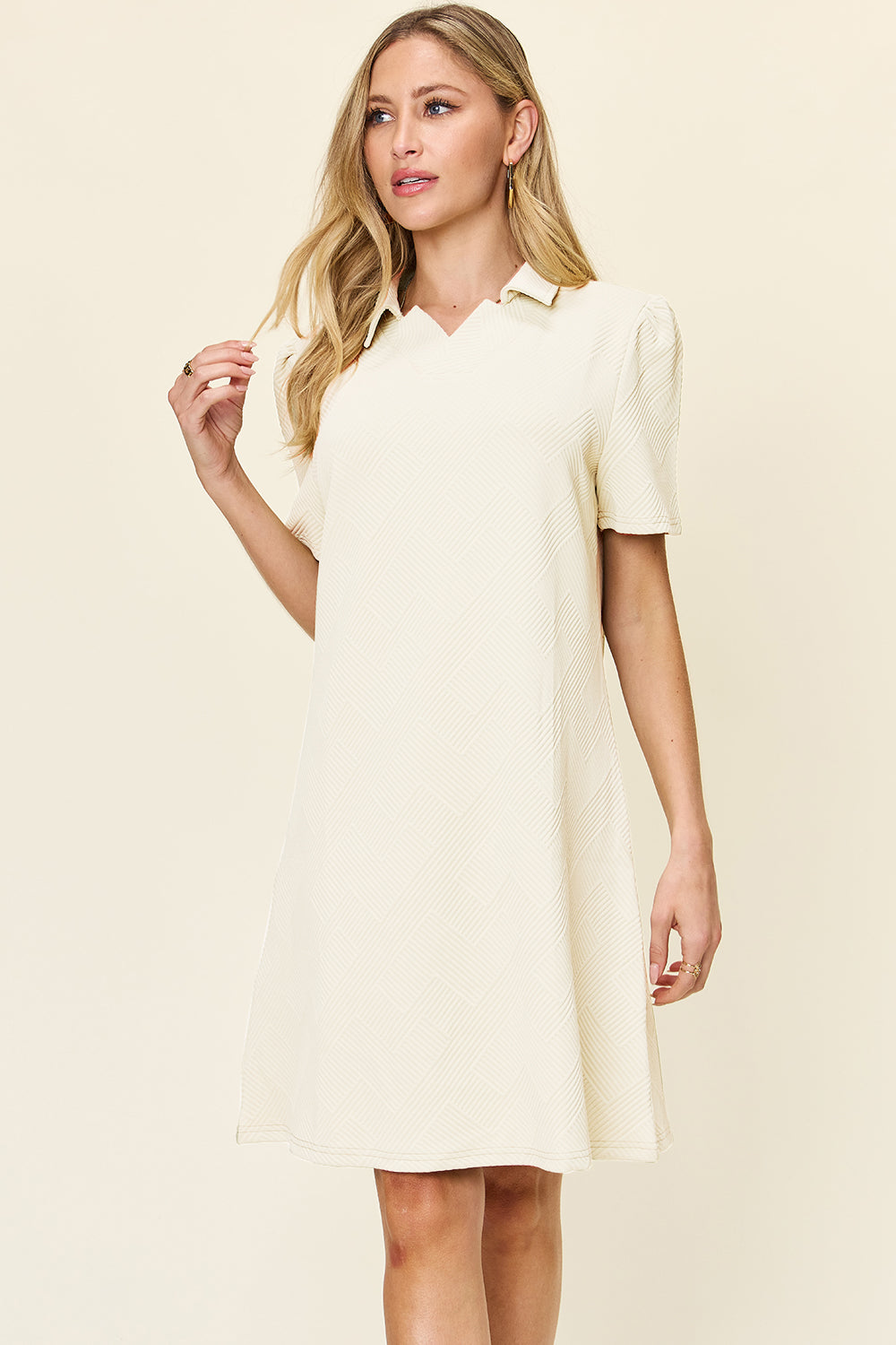 Double Take Full Size Texture Collared Neck Short Sleeve Dress - Charming Charlie