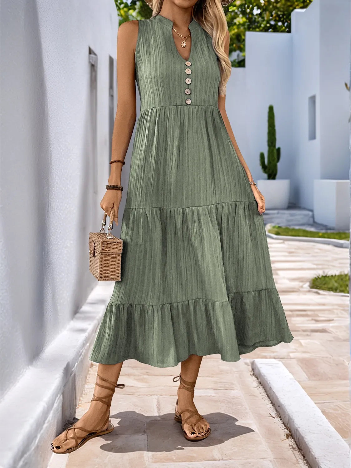 Tiered Notched Short Sleeve Dress with Pockets