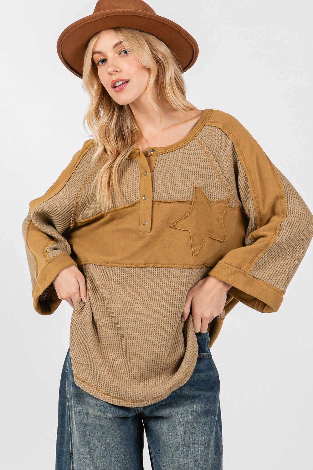 SAGE + FIG Star Applique Patch Exposed Seam Waffle Knit Top - Charming Charlie