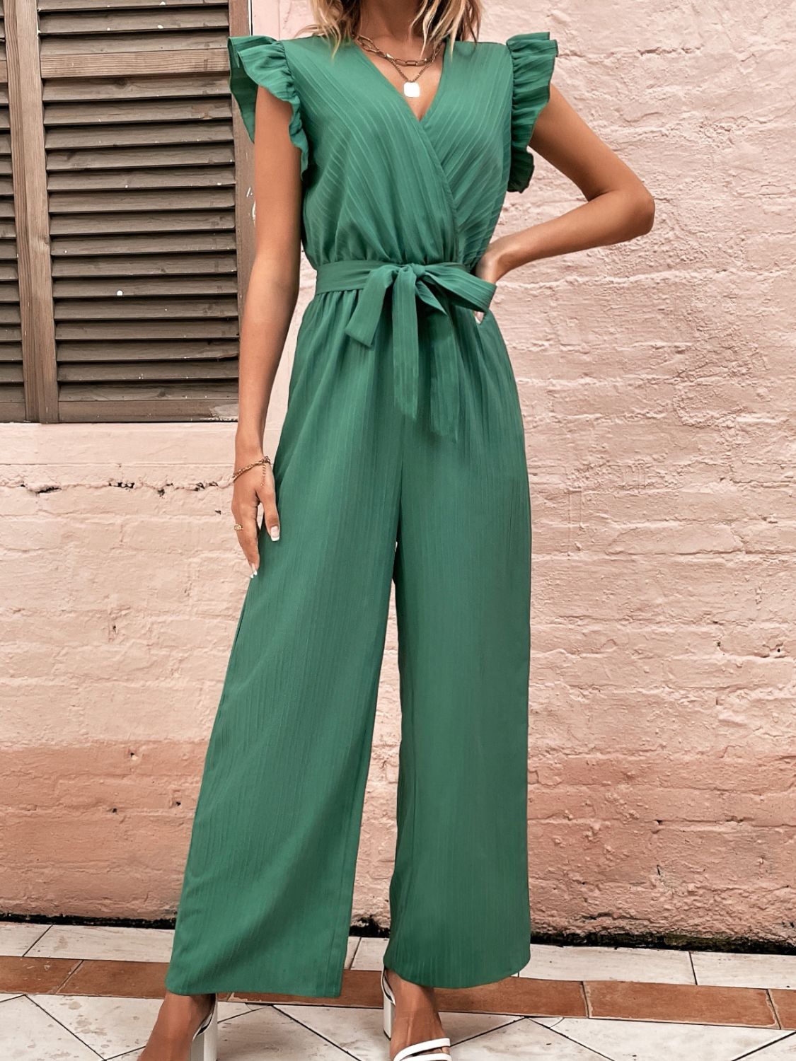 Ruffled Surplice Cap Sleeve Jumpsuit - Charming Charlie
