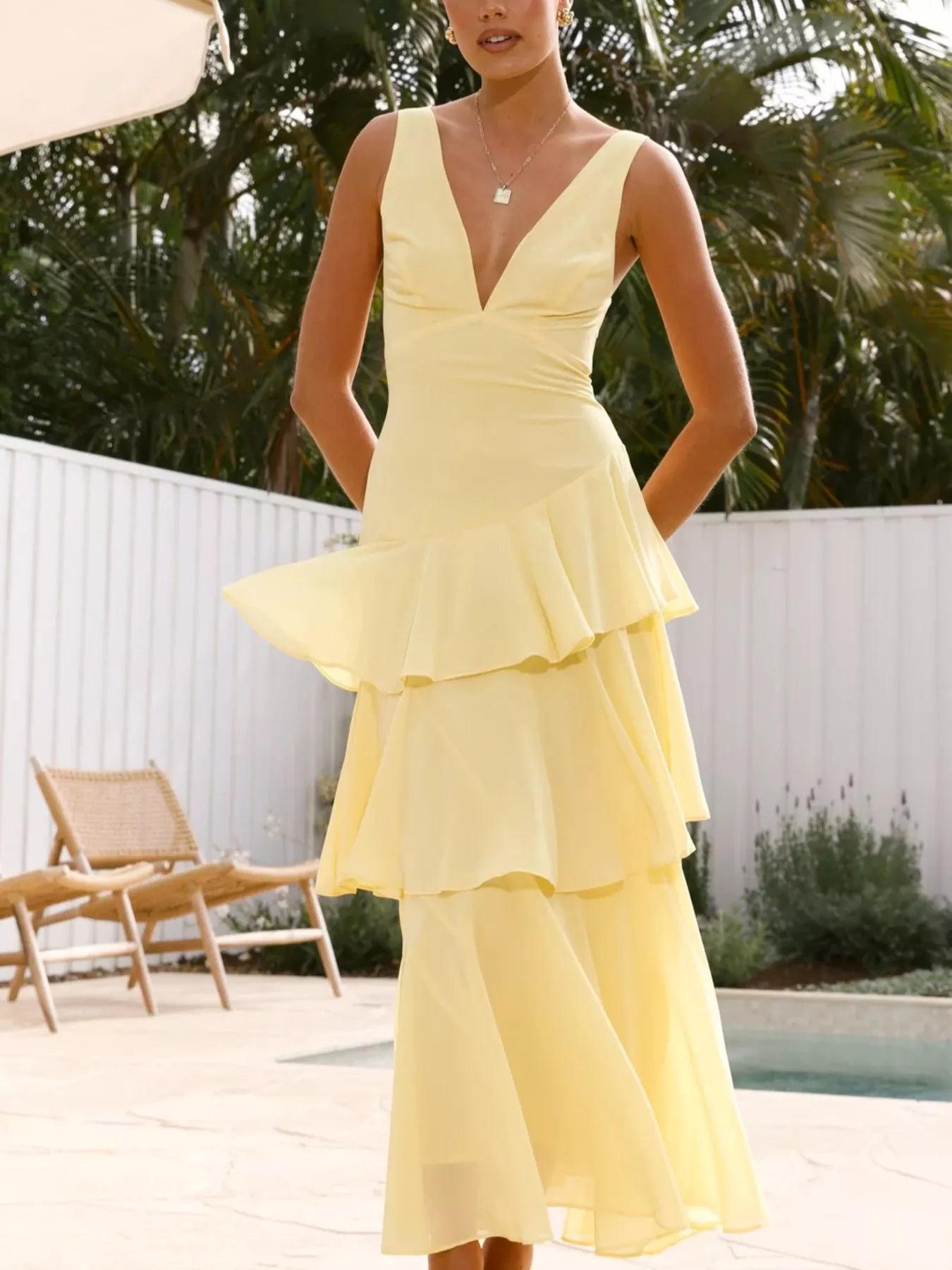 Sleeveless Ruffled Layered Backless Maxi Dress Yellow / M