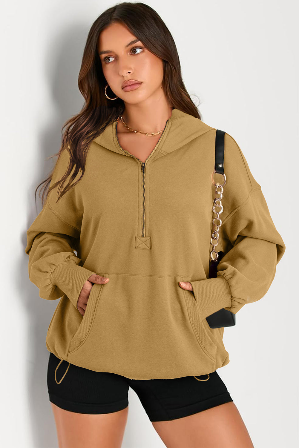 Pocketed Half Zip Long Sleeve Hoodie - Charming Charlie