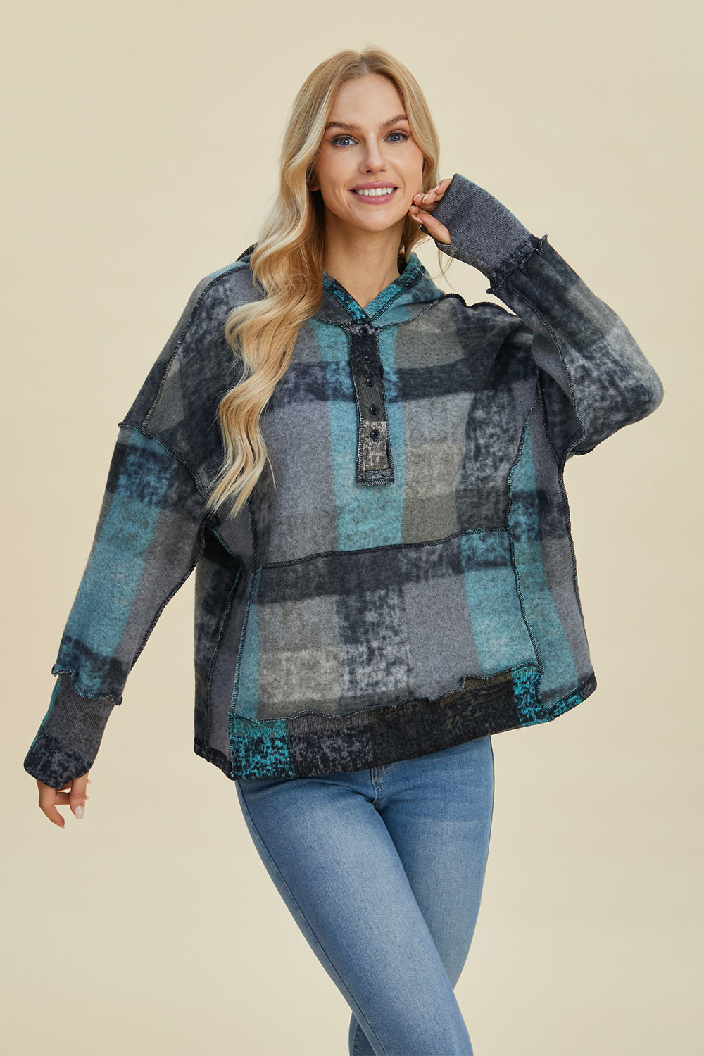 Double Take Full Size Plaid Dropped Shoulder Fleece Hoodie - Charming Charlie