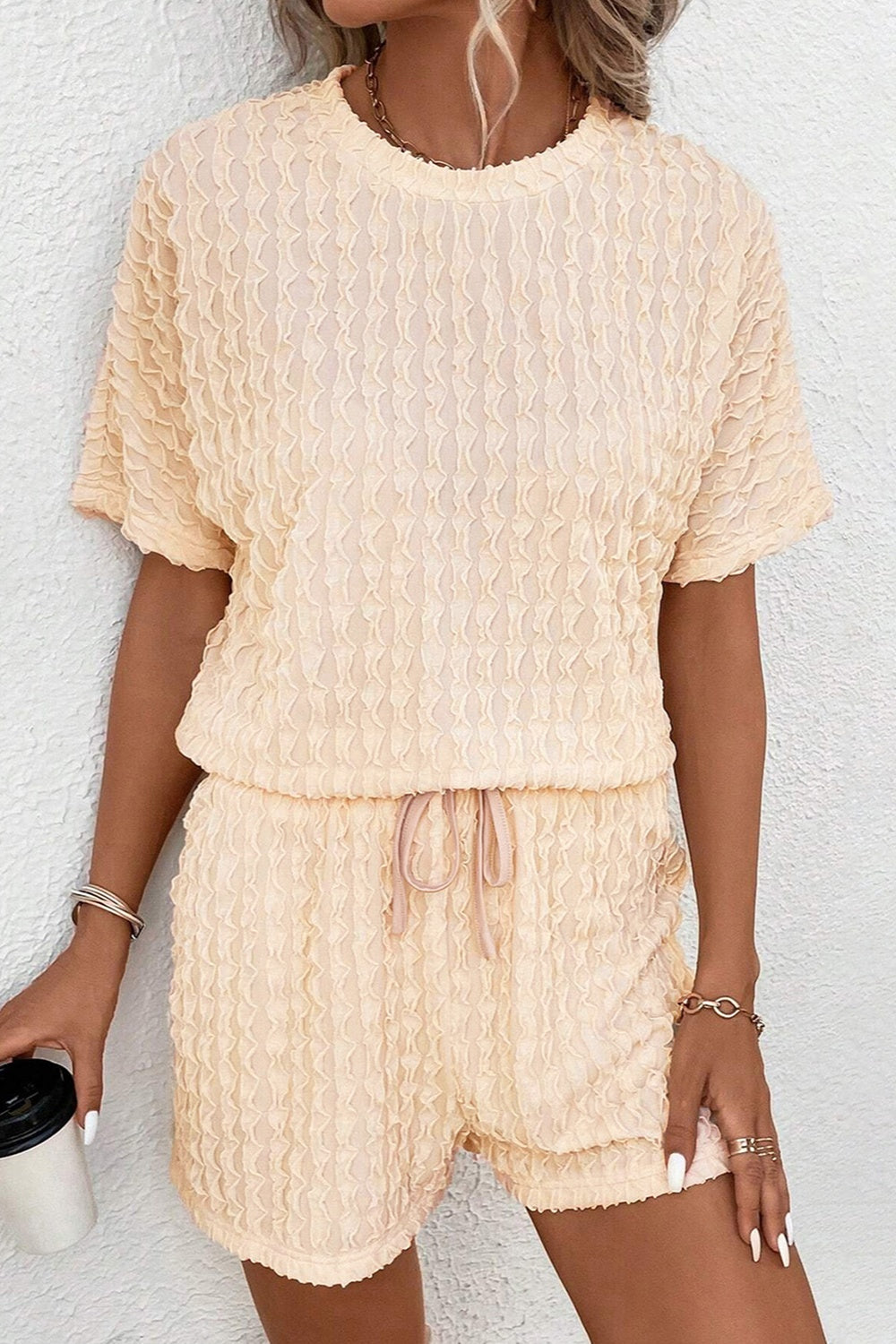 Textured Round Neck Top and Shorts Set - Charming Charlie