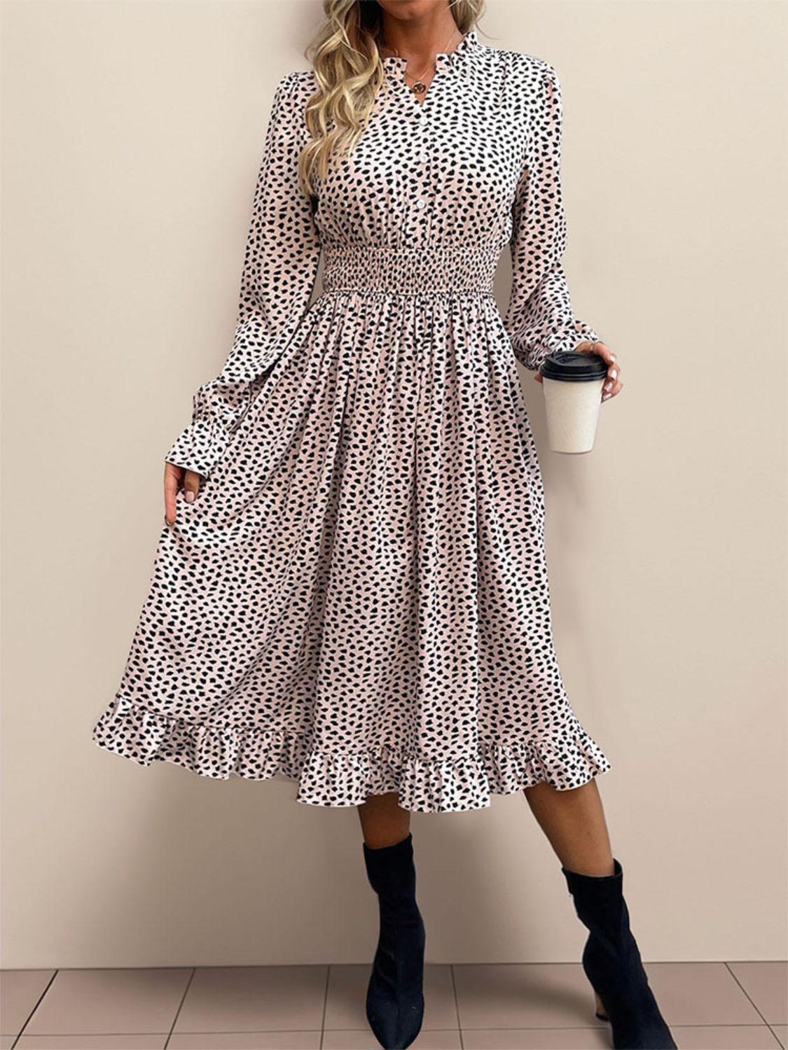 Ruched Ruffled Leopard Long Sleeve Dress - Charming Charlie