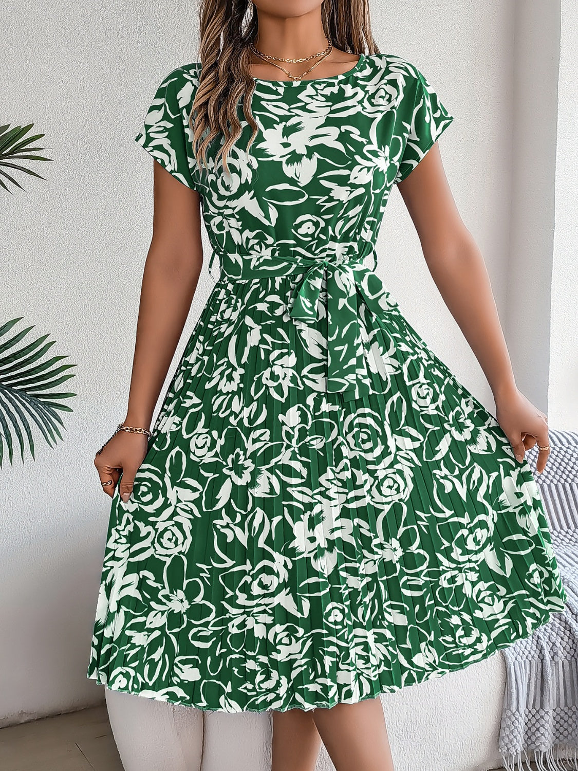 Tied Pleated Printed Short Sleeve Dress Hot Pink / S