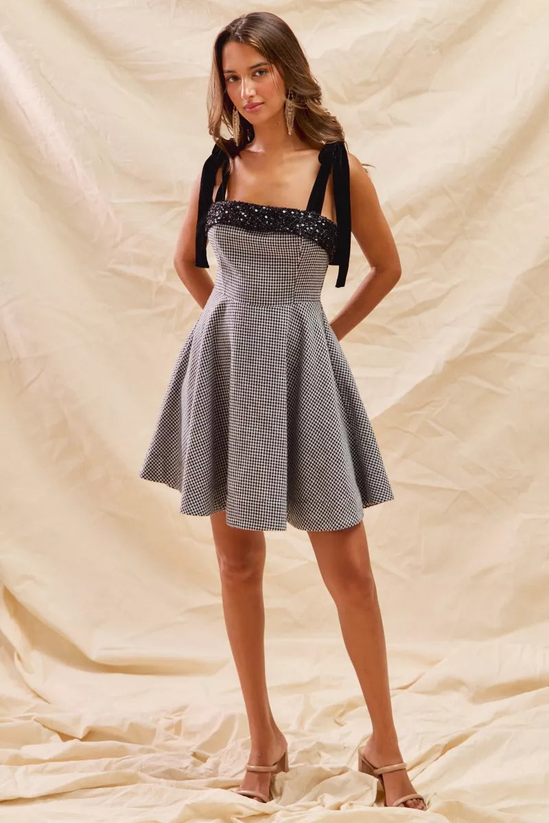SO ME Houndstooth Fit Flare Mini Dress with Shoulder Tie Black / M