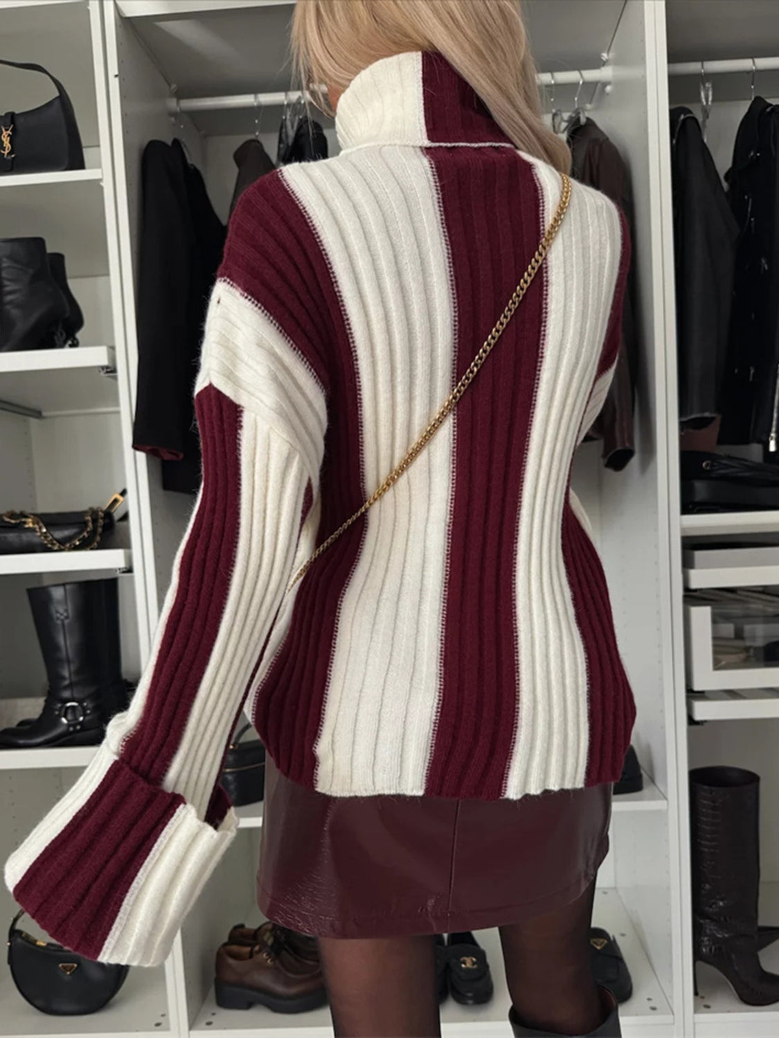 Striped Turtleneck Dropped Shoulder Sweater - Charming Charlie