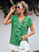 Ruffled V-Neck Short Sleeve Blouse - Charming Charlie