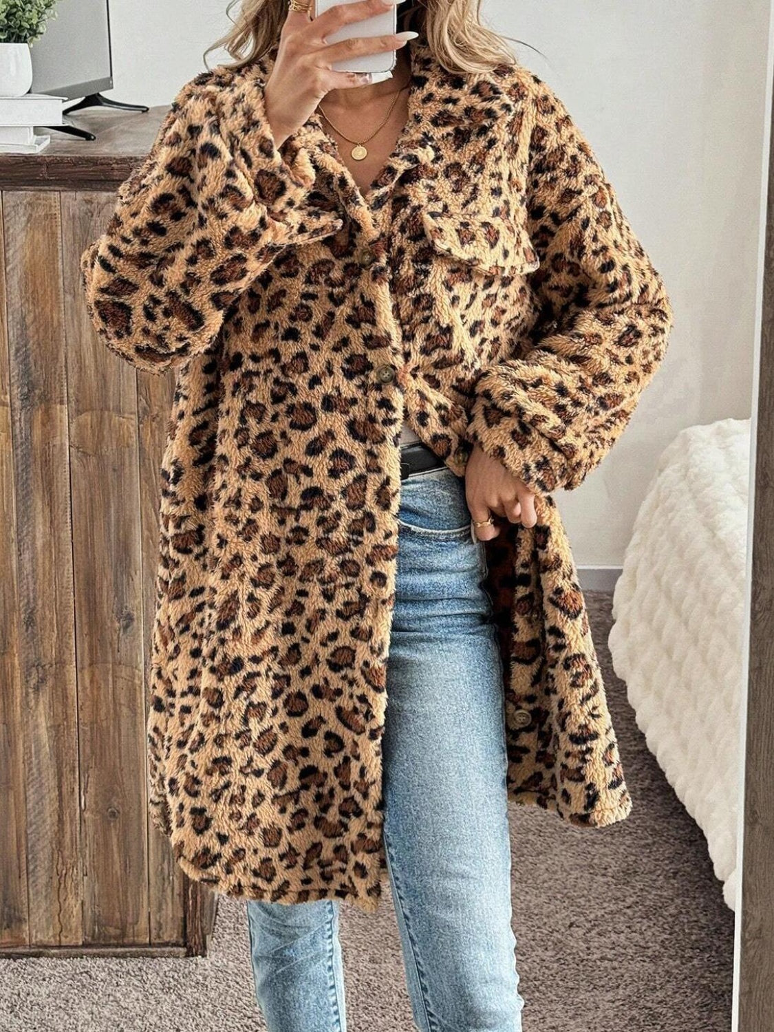 Leopard Button Up Long Sleeve Fuzzy Coat - Charming Charlie