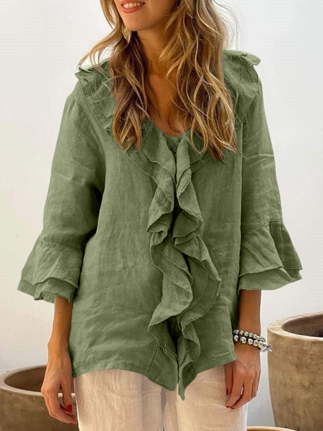 Full Size Ruffled V-Neck Flounce Sleeve Blouse - Charming Charlie