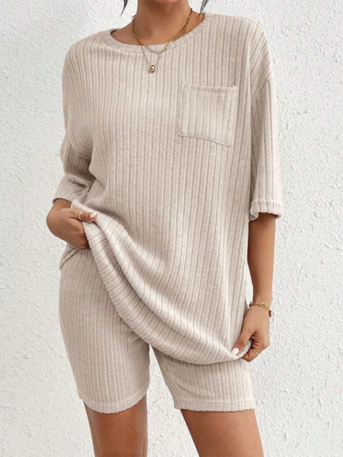 Ribbed Round Neck Top and Shorts Set - Charming Charlie