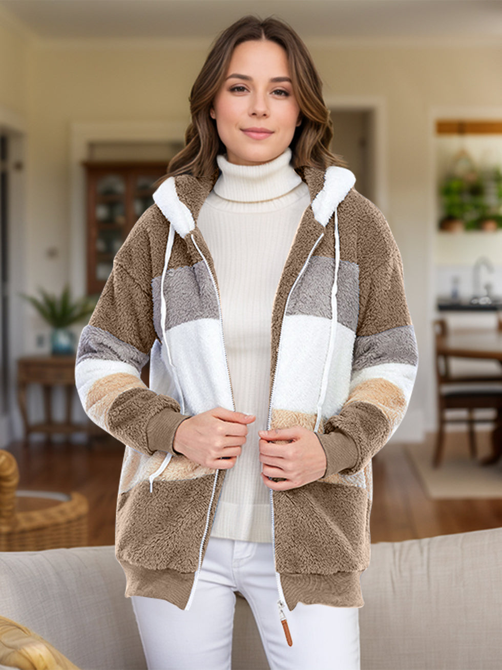 Drawstring Snowflake Zip Up Hooded Outerwear