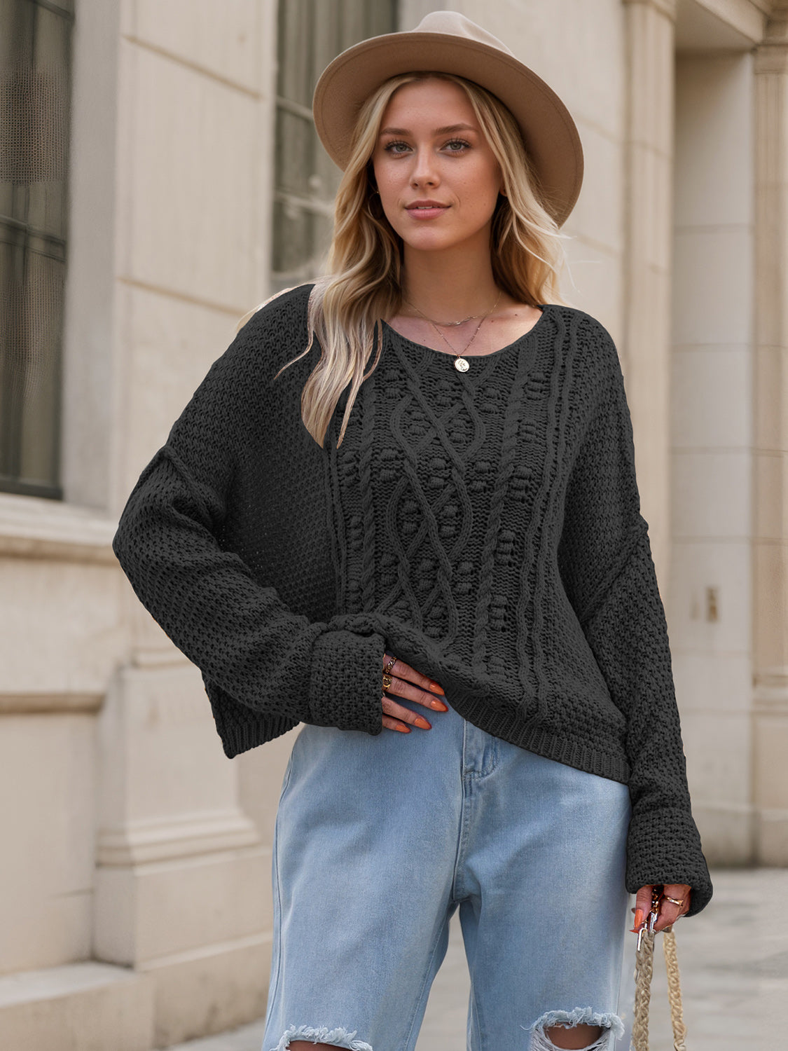 Round Neck Dropped Shoulder Long Sleeve Sweater - Charming Charlie