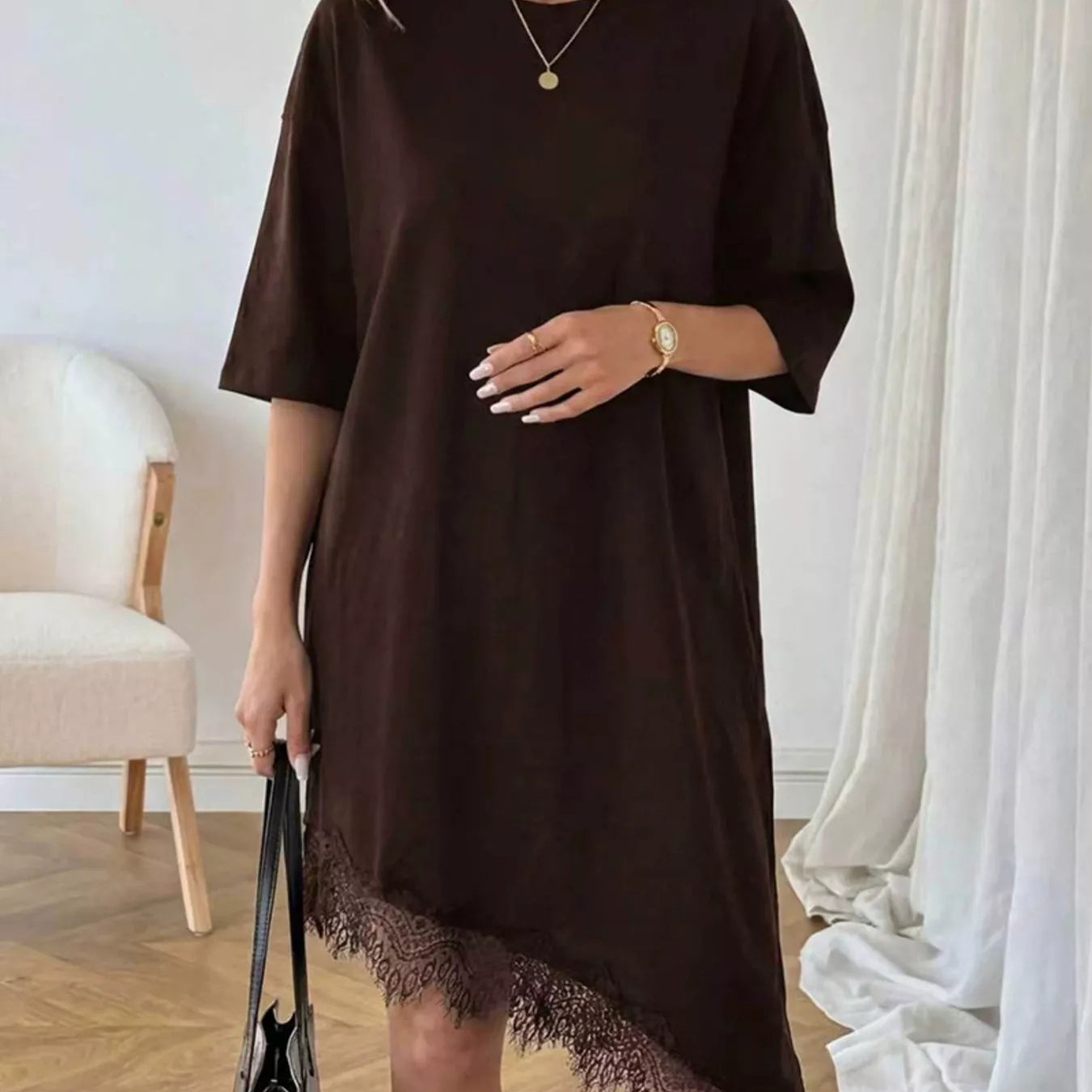 Lace Trim Asymmetrical Hem T-shirt Dress Chocolate / 2XL