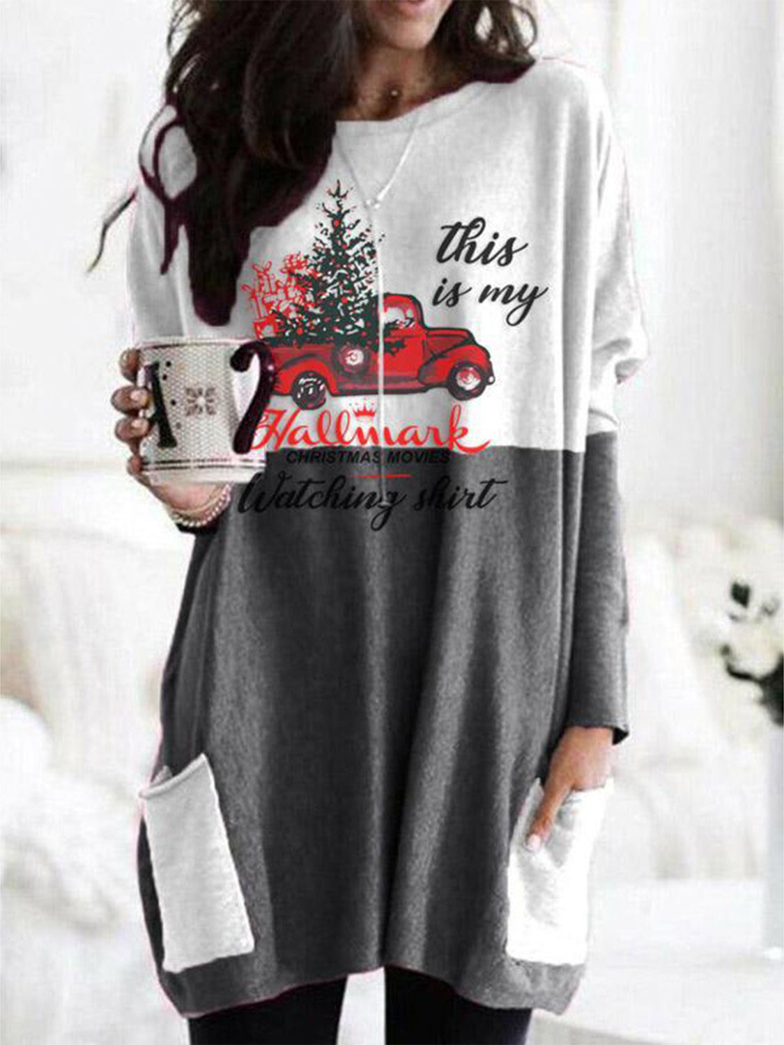 Full Size Graphic Two-Tone Round Neck Long Sleeve T-Shirt - Charming Charlie