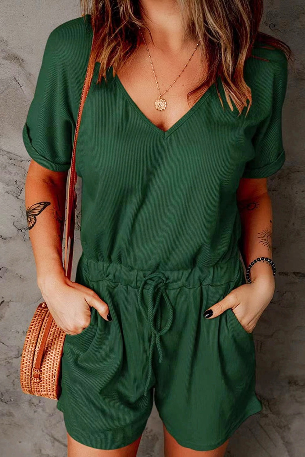 Full Size Drawstring V-Neck Short Sleeve Romper - Charming Charlie
