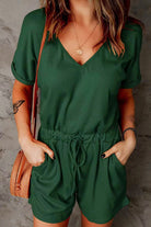 Full Size Drawstring V-Neck Short Sleeve Romper - Charming Charlie