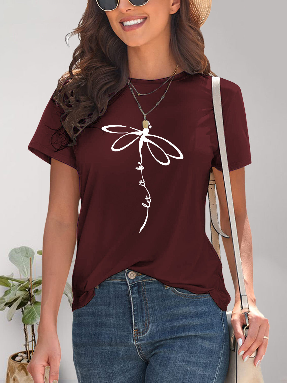 Dragonfly Graphic Round Neck Short Sleeve T-Shirt - Charming Charlie