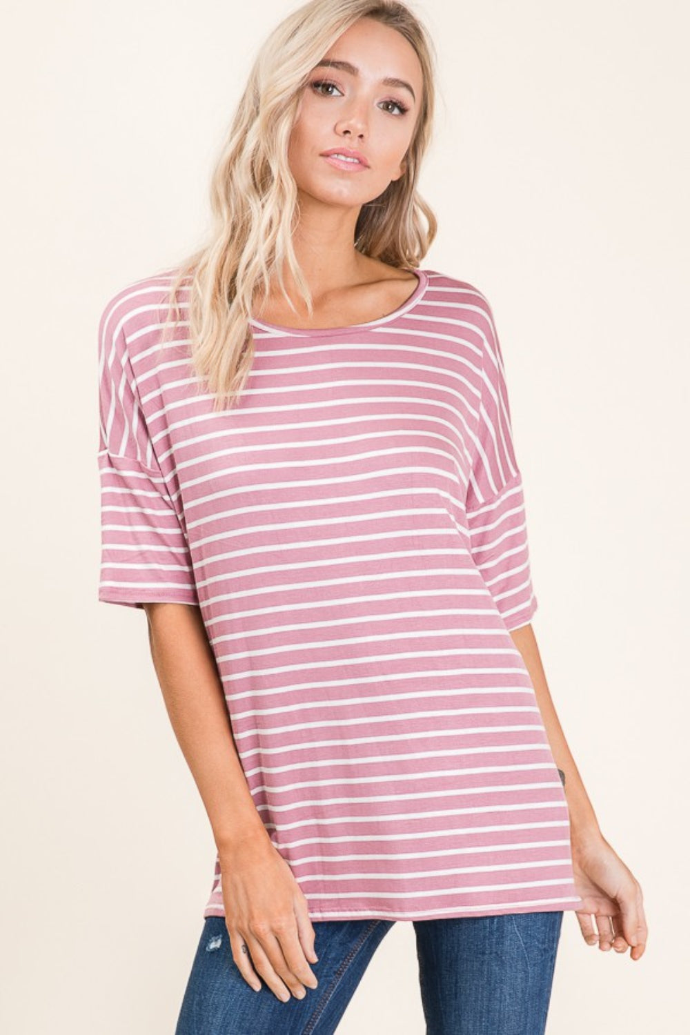 BOMBOM Striped Round Neck Half Sleeve T-Shirt - Charming Charlie