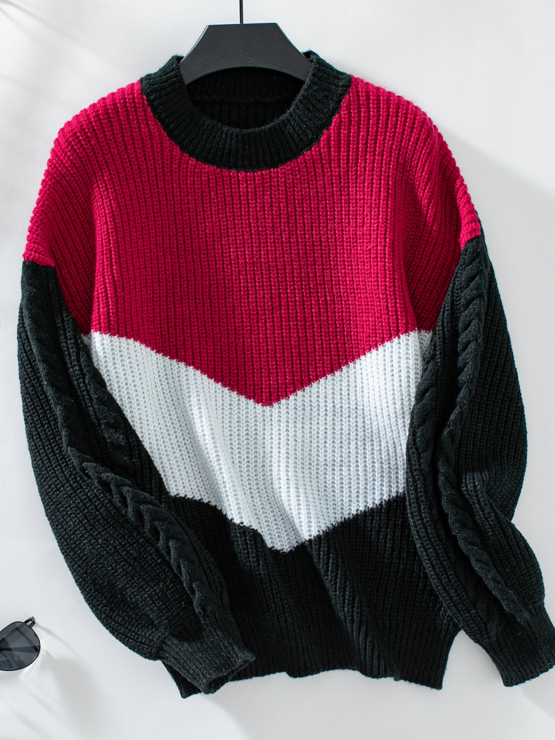 Contrast Round Neck Long Sleeve Sweater - Charming Charlie