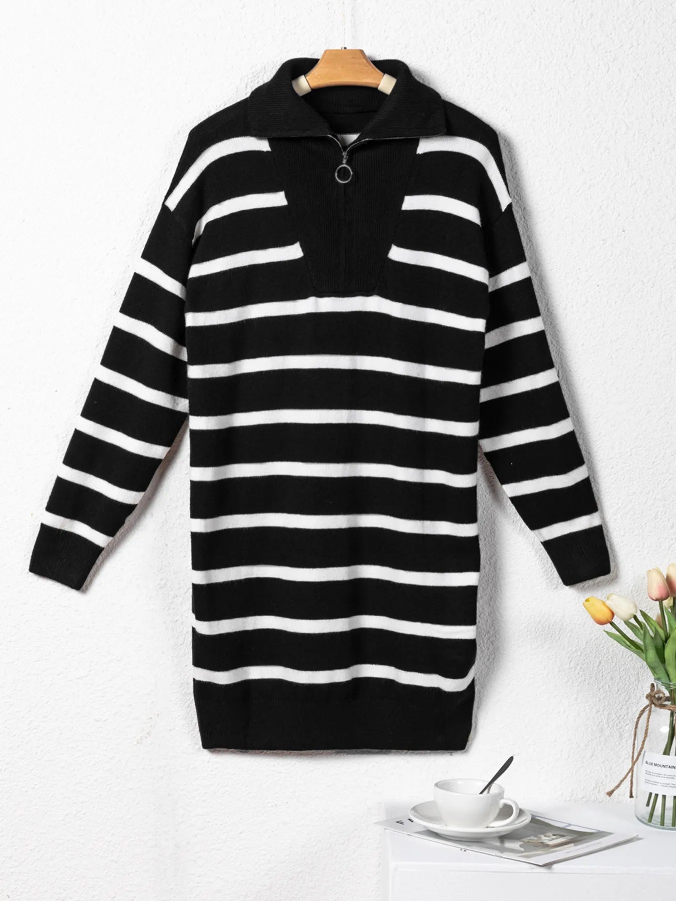 Striped O-Ring Zip Collared Loose Sweater Mini Dress Black / L
