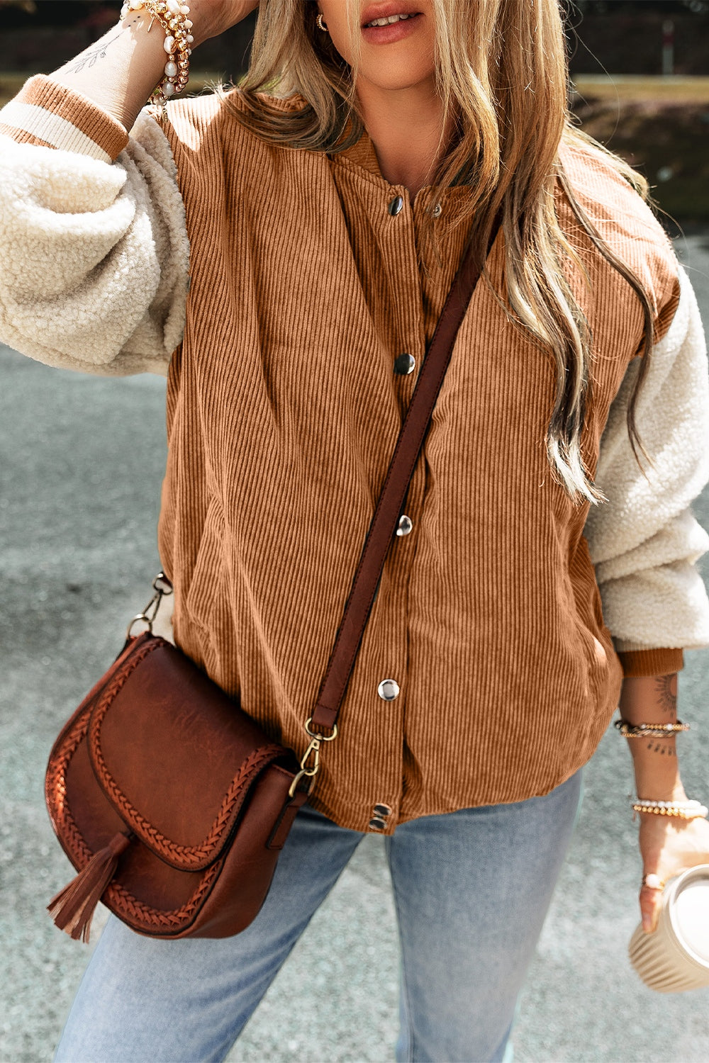 Contrast Baseball Collar Snap Down Long Sleeve Jacket - Charming Charlie