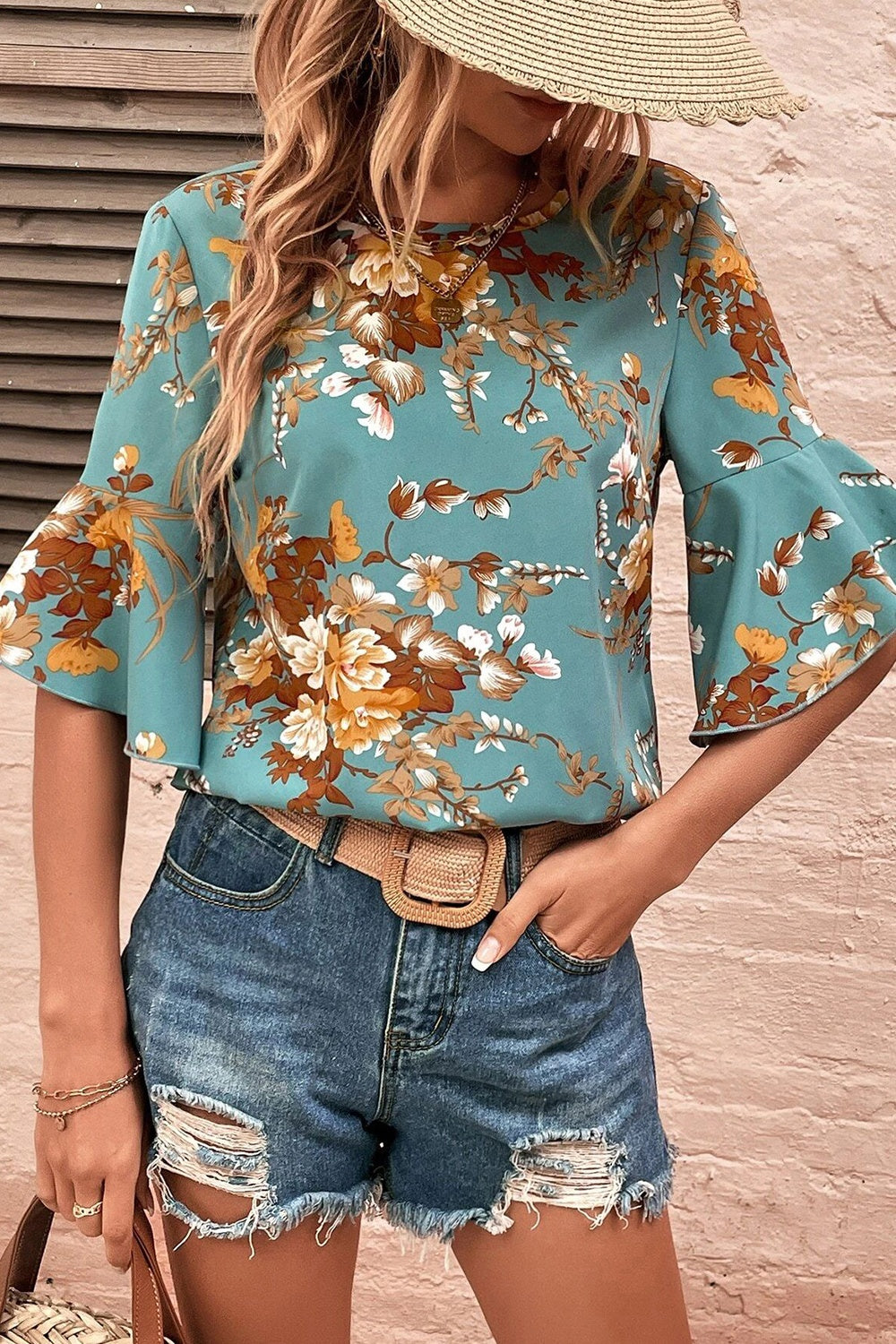 Printed Round Neck Half Sleeve Blouse - Charming Charlie