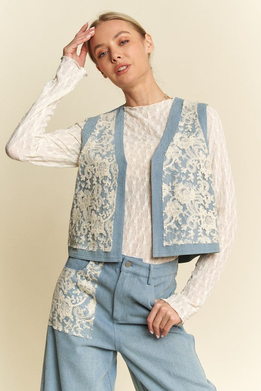 Davi & Dani Lace Patch Open Front Denim Vest - Charming Charlie