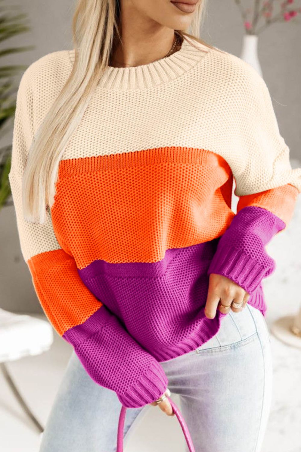 Color Block Drop Shoulder Round Neck Sweater - Charming Charlie