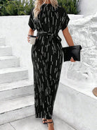 Tied Printed Mock Neck Wide Leg Jumpsuit - Charming Charlie
