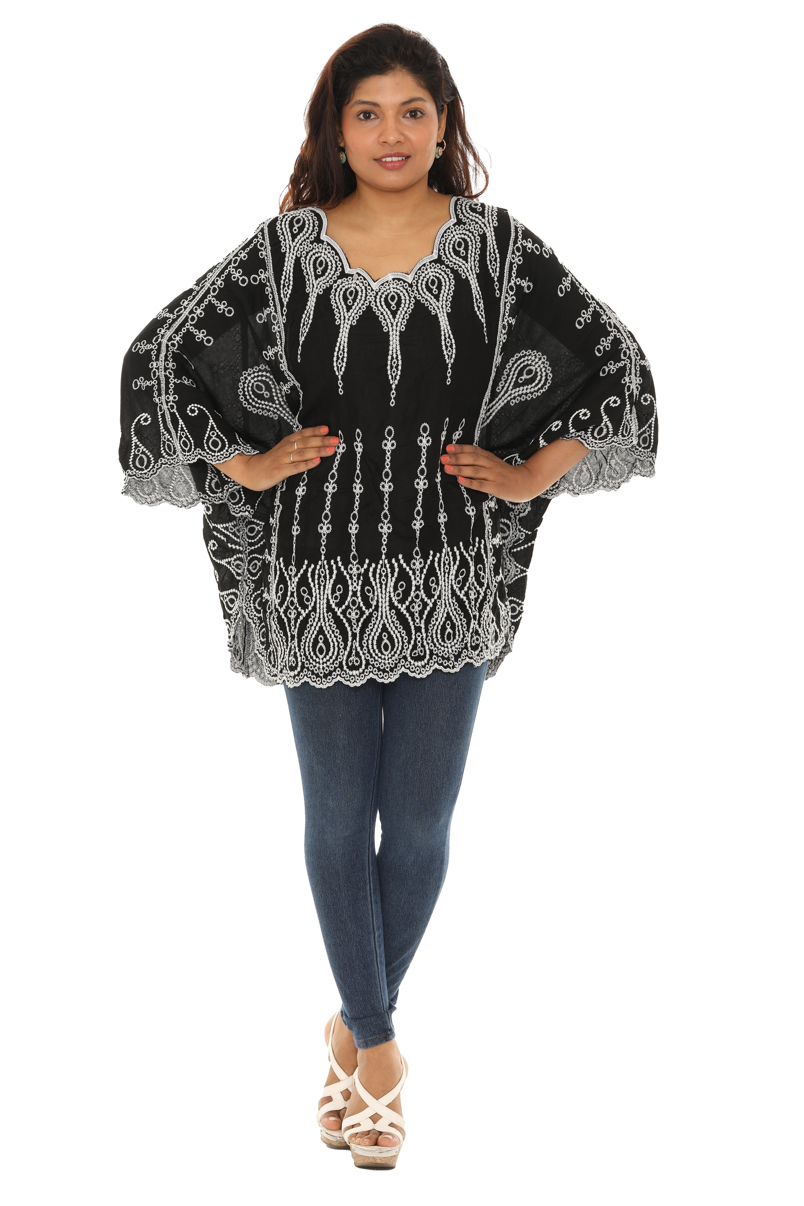 Paisley Embroidered Cape-Sleeve Top