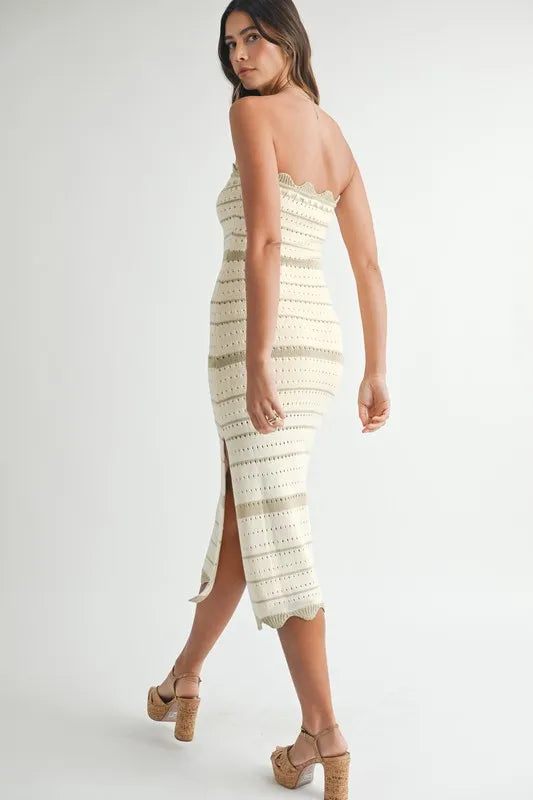 crochet knit midi dress MABLE Contrast Striped Crochet Knit Midi Dress LT TAUPE / M