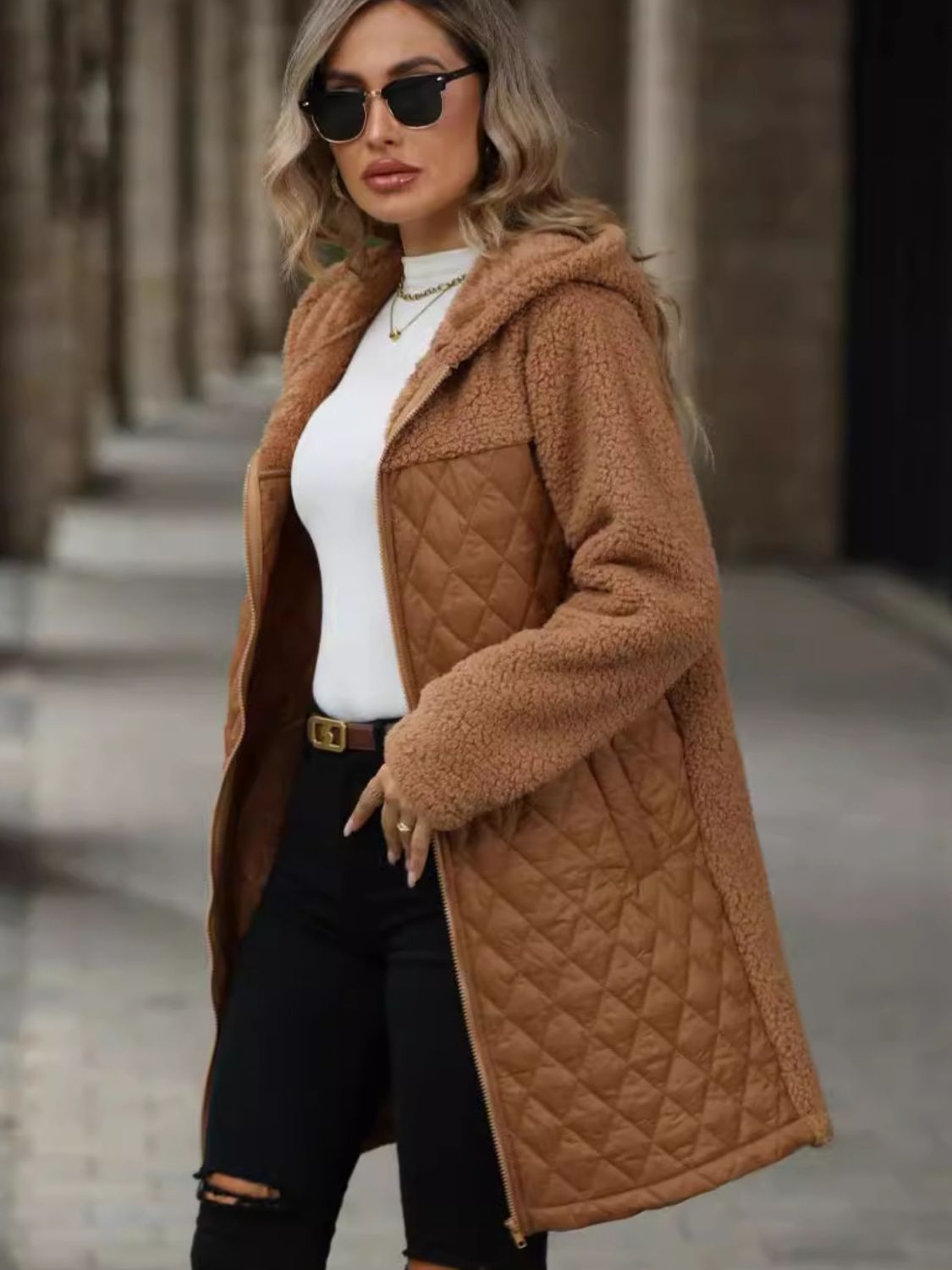 Texture Zip Up Long Sleeve Hooded Coat - Charming Charlie