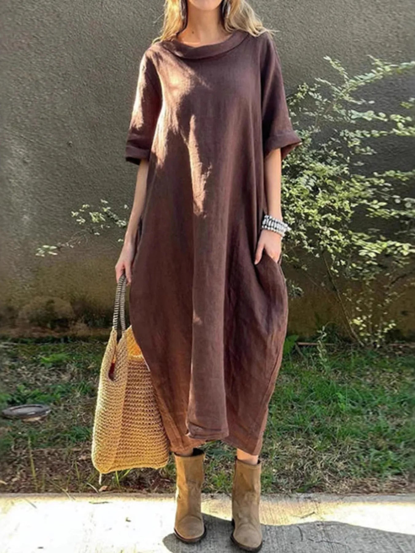 Full Size Casual Loose Fit Round Neck Midi Dress Plus Size