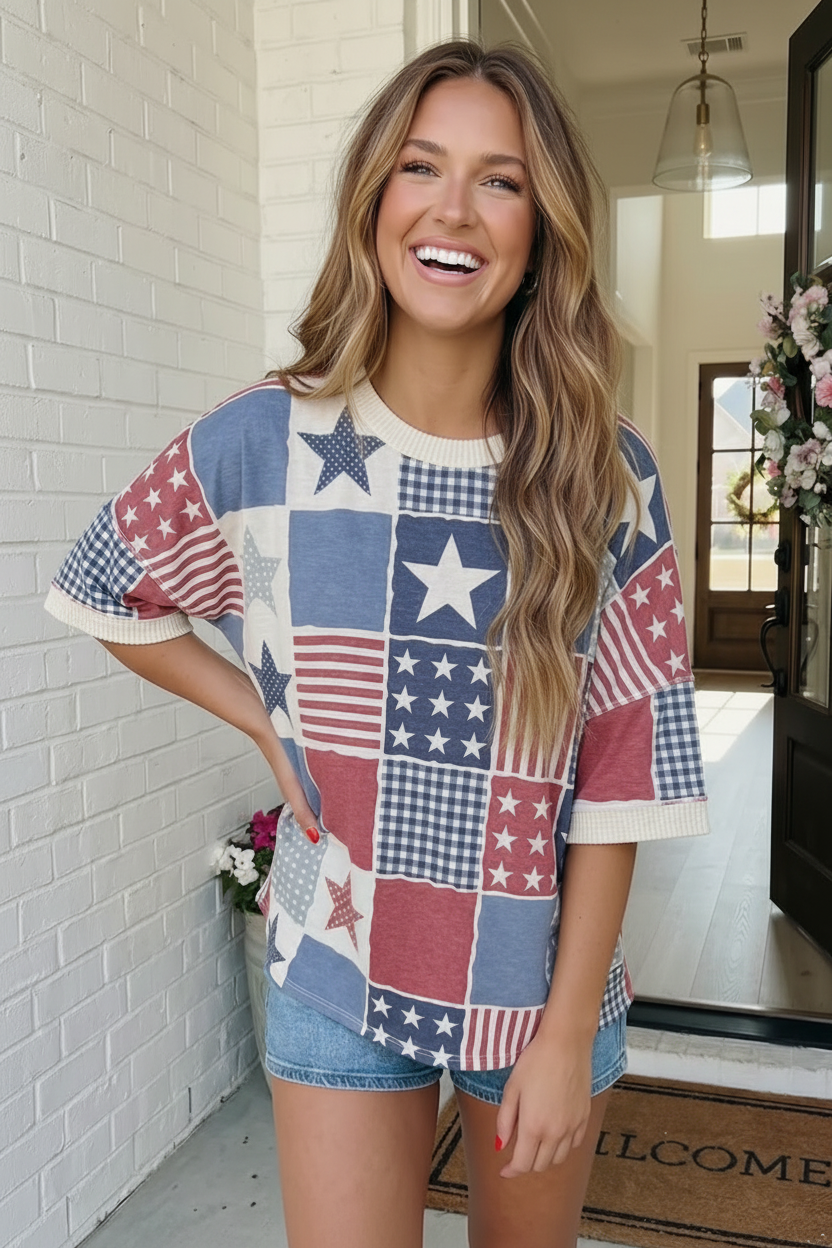 Stars and Stripes Patchwork Oversized Top - Charming Charlie