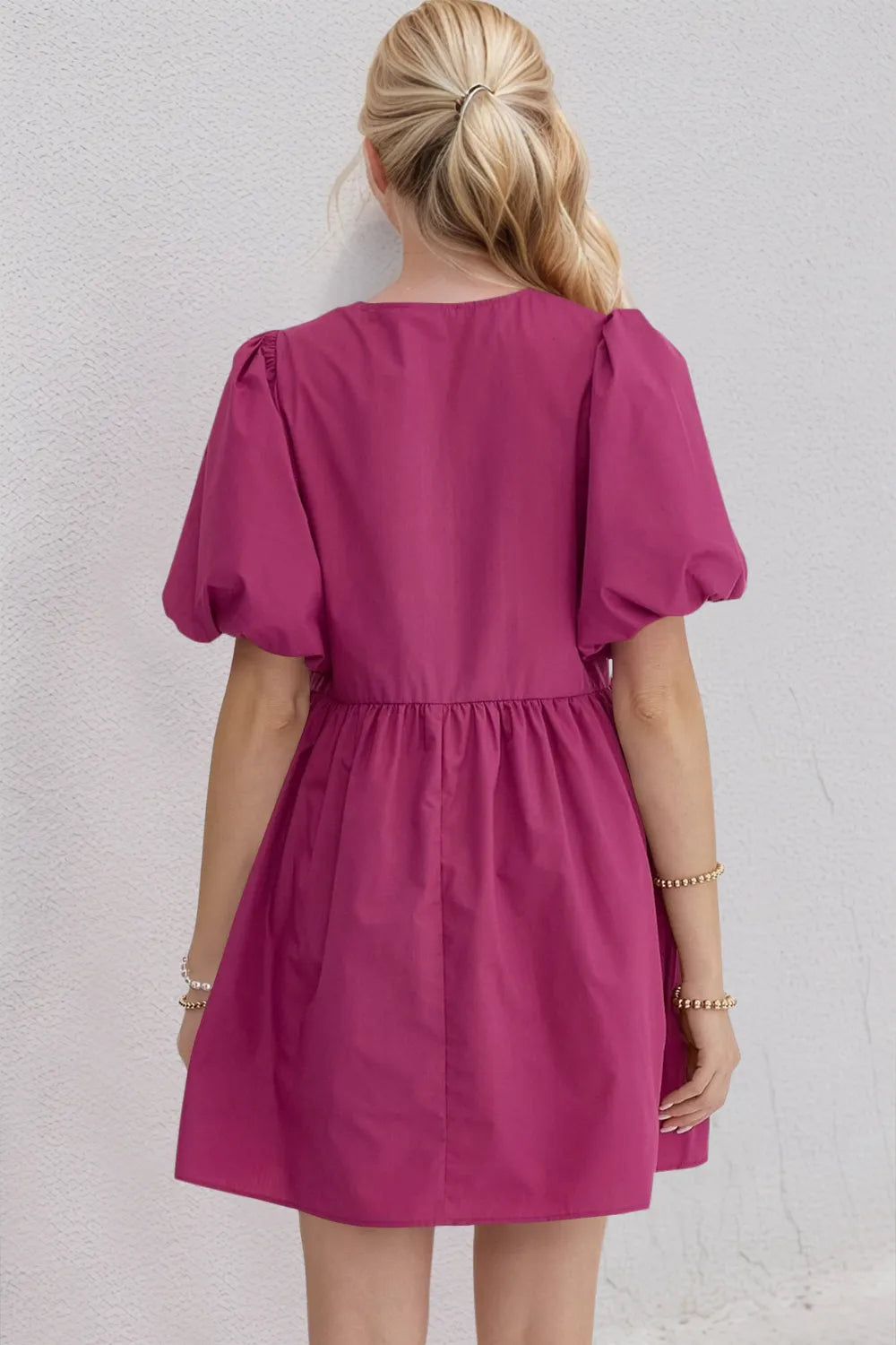 ruched ruffle puff sleeve mini dress Wholesale MOQ6 Oh Bow Ruched Puff Sleeve Mini Dress