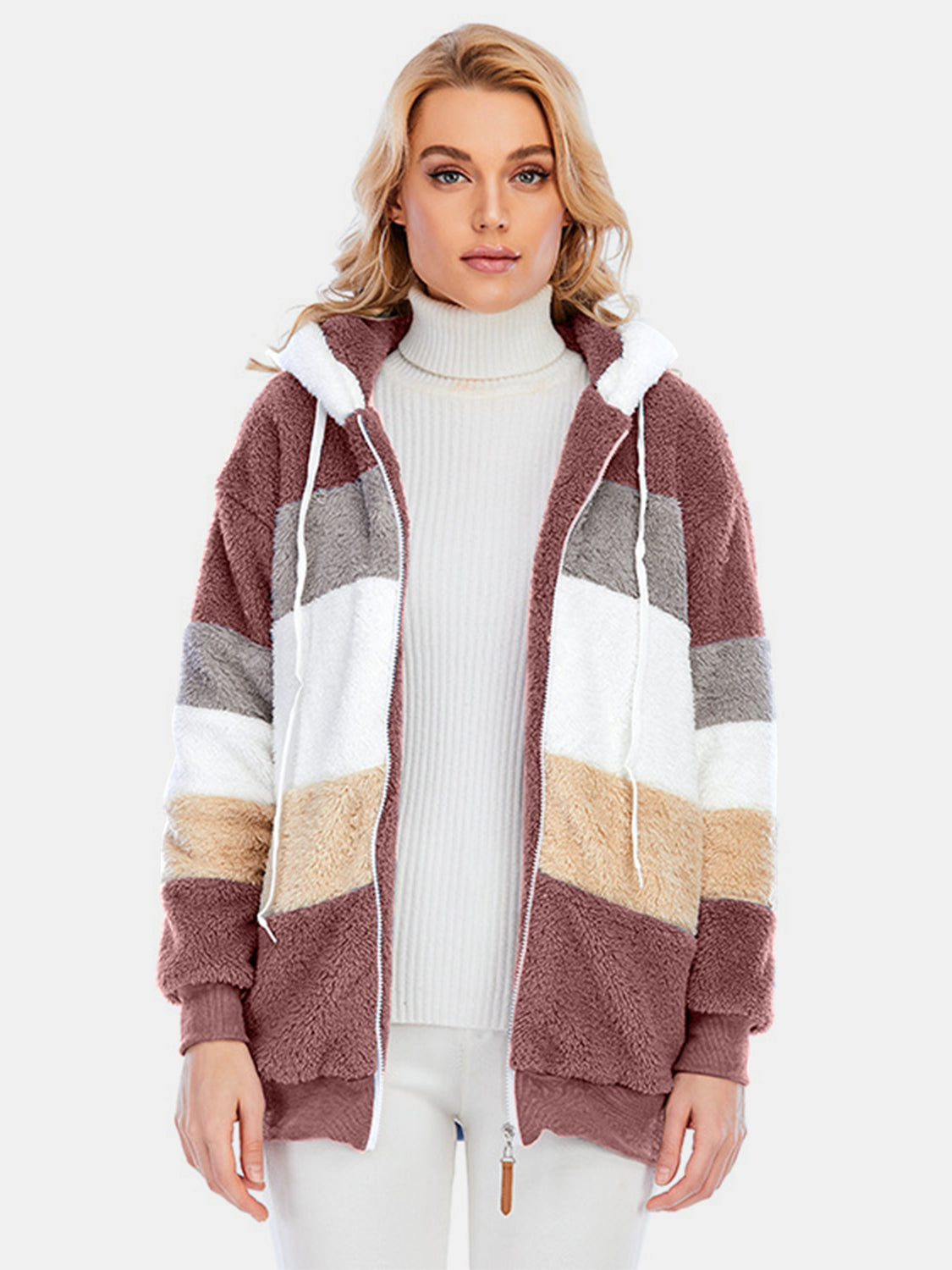 Full Size Drawstring Color Block Zip Up Hooded Outerwear - Charming Charlie