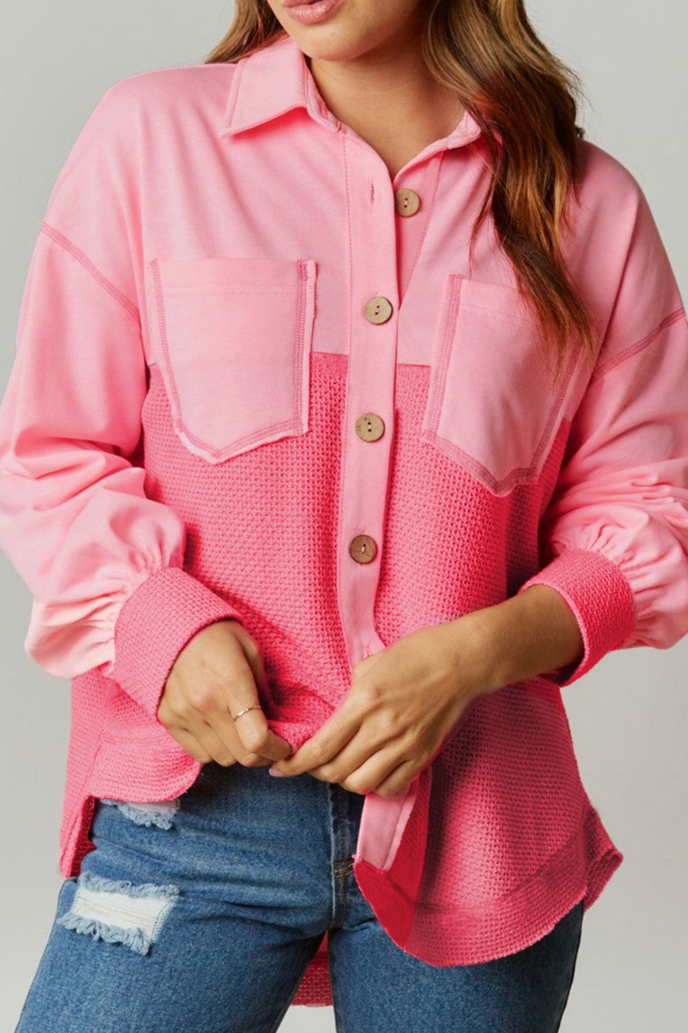 Two Tone Button Up Drop Shoulder Shacket - Charming Charlie