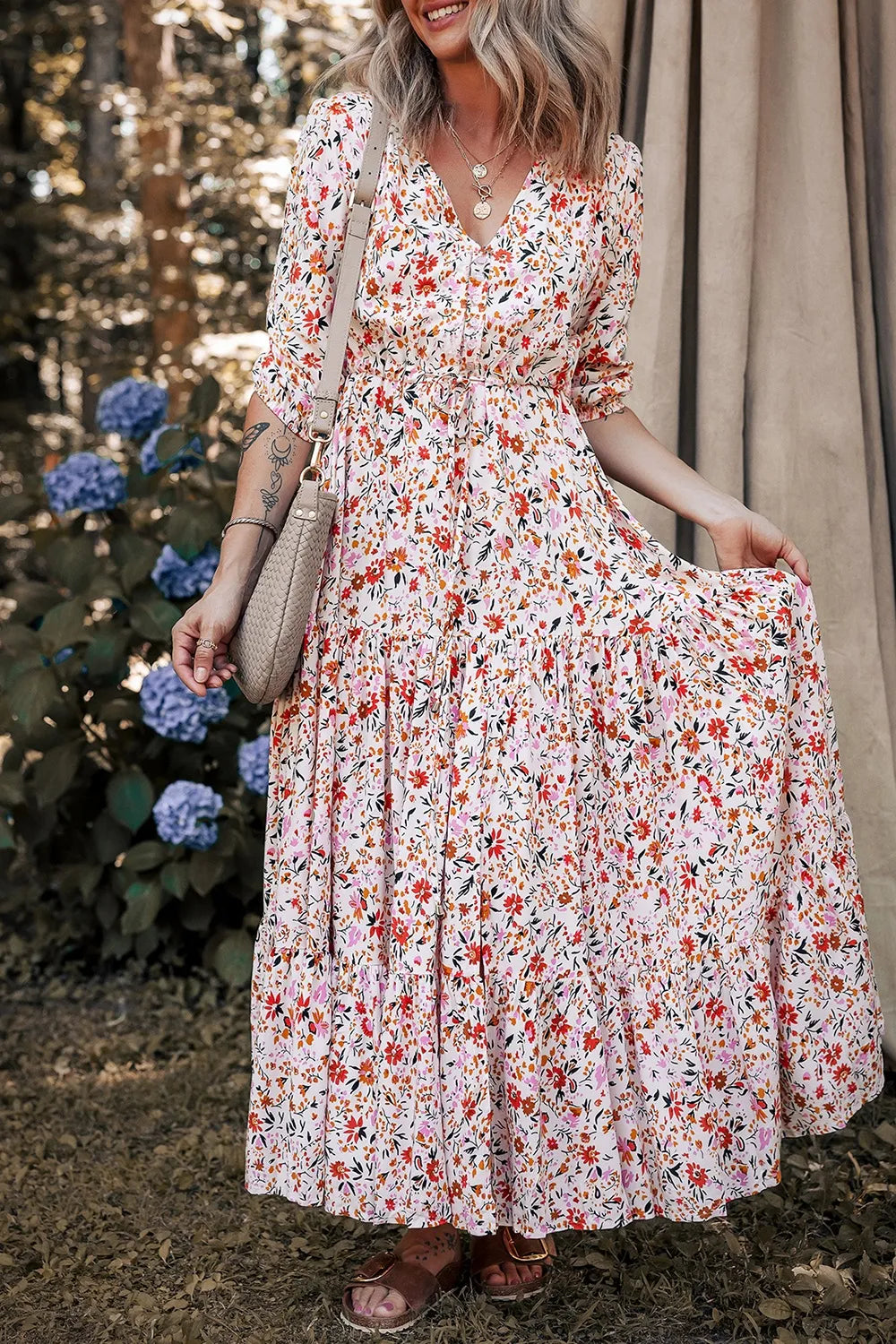 boho maxi long sleeve dress Boho Half Sleeve Floral V Neck Maxi Dress – Charming Charlie