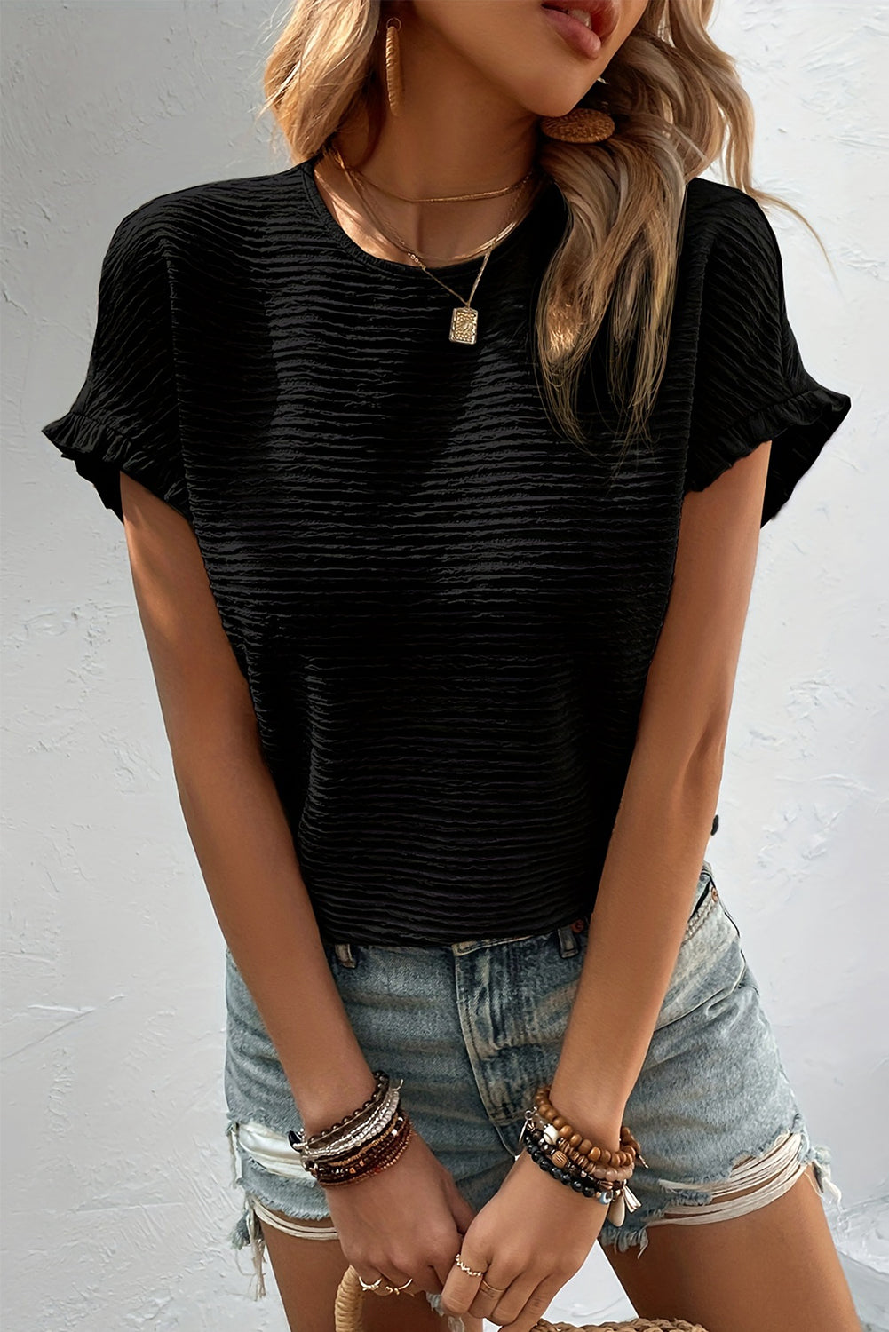 Frill Round Neck Cap Sleeve Blouse - Charming Charlie