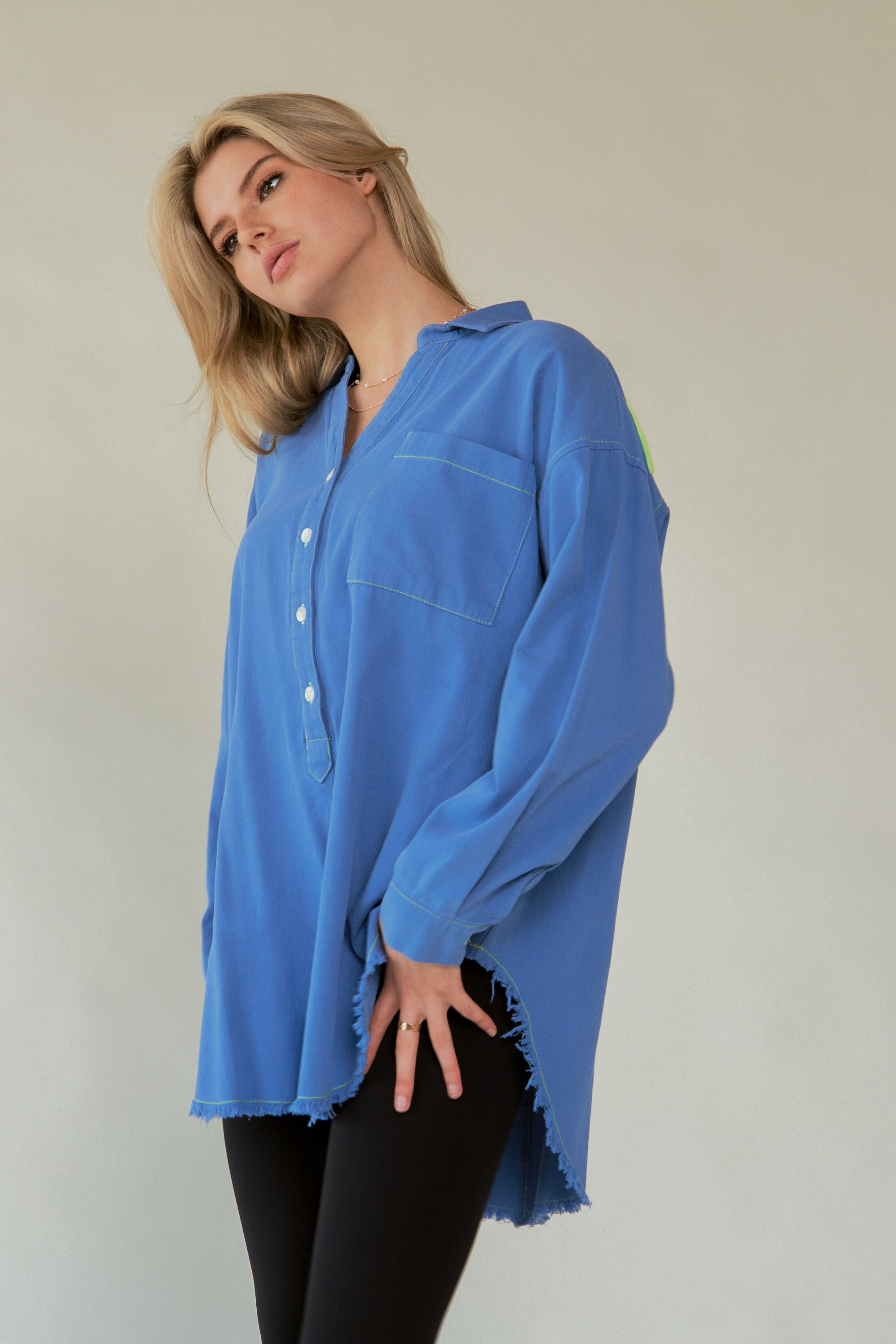 Davi & Dani Letter Back Raw Hem Half Button Shirt - Charming Charlie