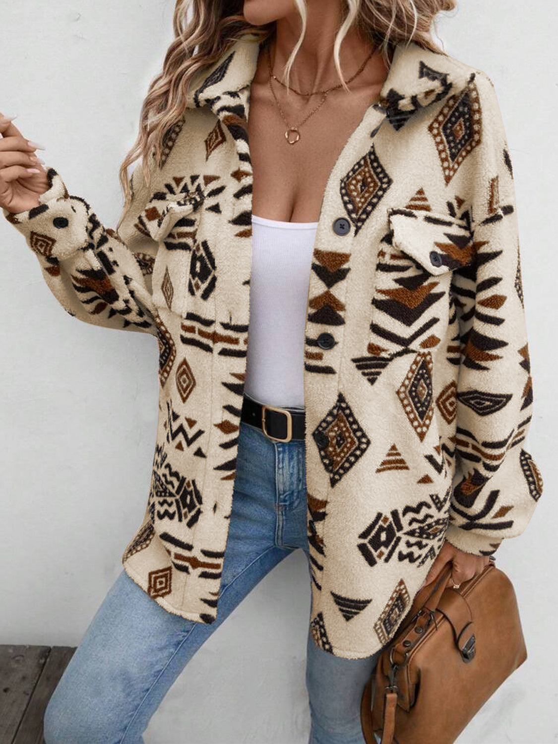 Geometric Button Up Dropped Shoulder Jacket - Charming Charlie