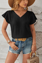 Ruched V-Neck Flounce Sleeve Blouse - Charming Charlie