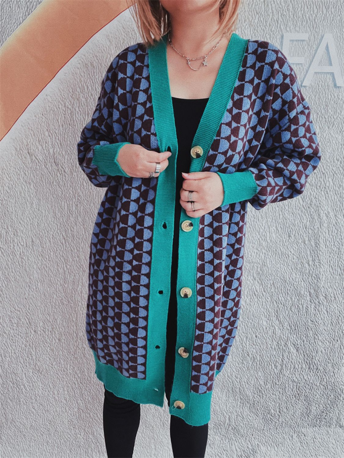 Contrast Trim Geometric Button Down Cardigan - Charming Charlie