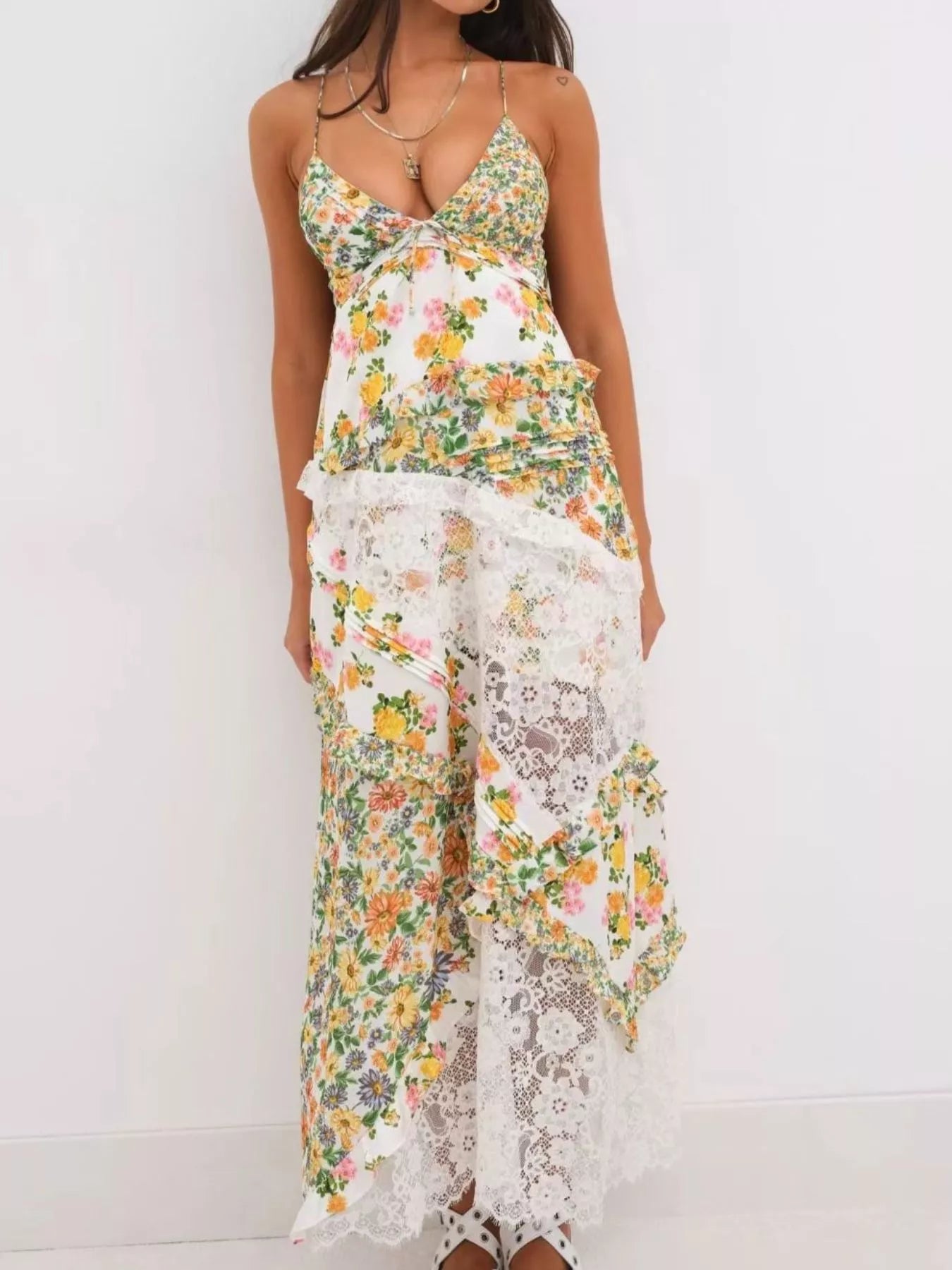 Lace Detail Ruffled Floral V-Neck Maxi Dress Blue / M