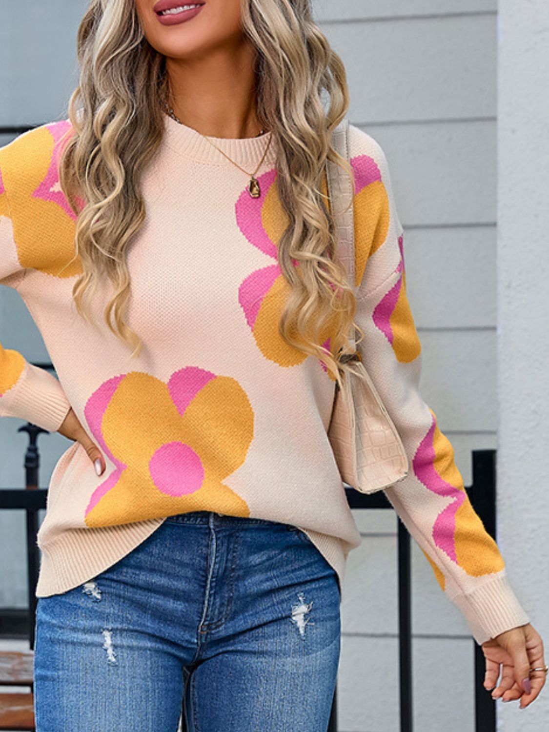 Flower Round Neck Long Sleeve Sweater - Charming Charlie