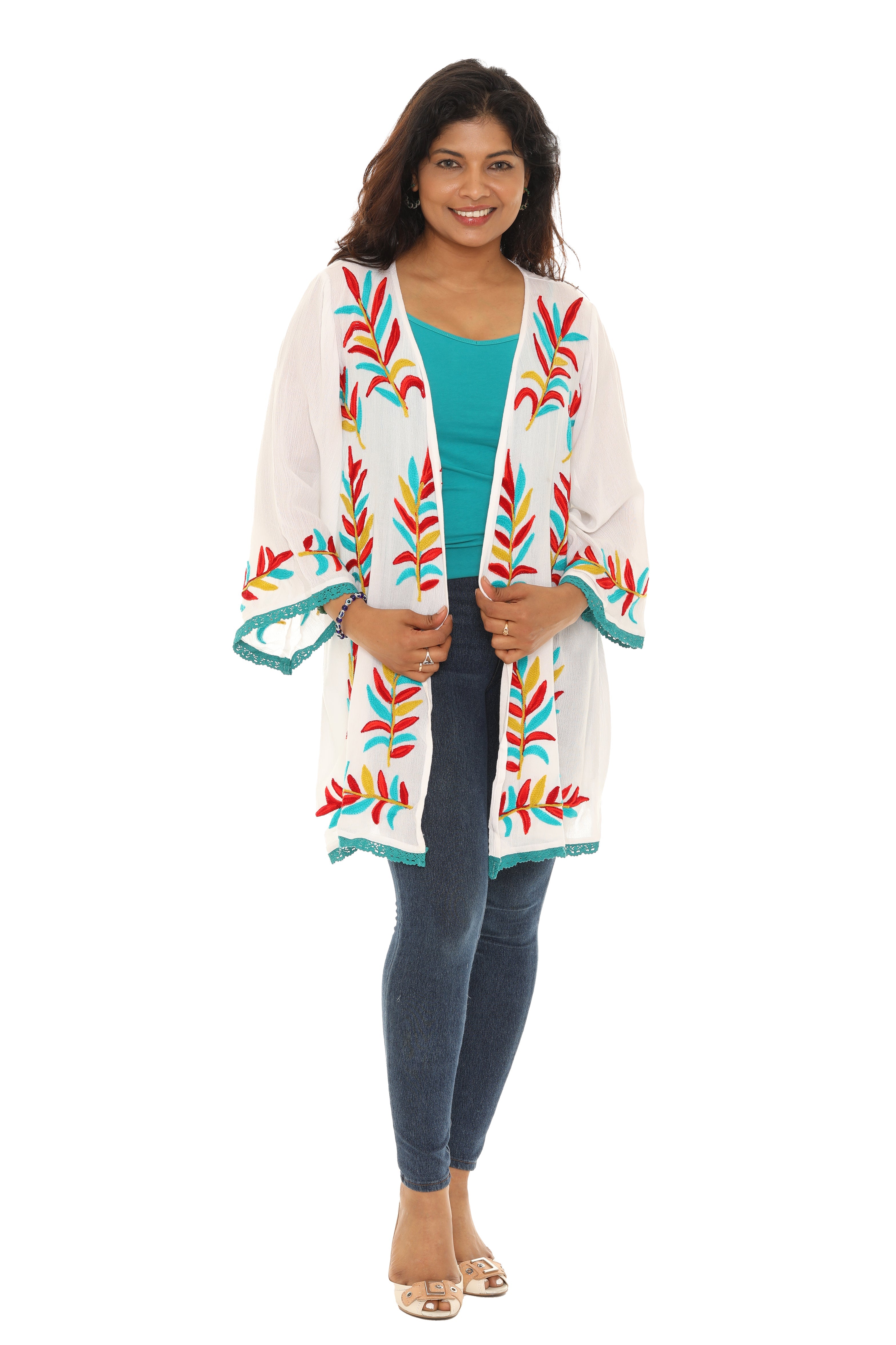 Leaf Embroidery Eyelet-Trim Open Cardigan